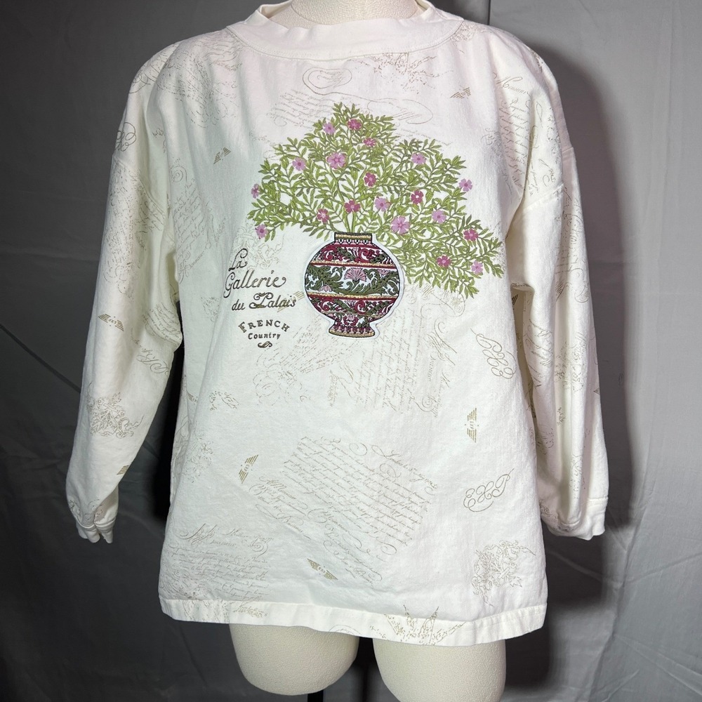 Vintage Sweatshirt Women‎ M Floral Tapestry Vase Applique Cottagecore 90s